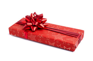 Christmas gift box with red bow on white background
