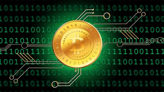 Bitcoin logo cryptocurrency animation. Bitcoin on digital background. Binary code. Decentralized electronic payment system. Gold Bitcoin on digital green background.