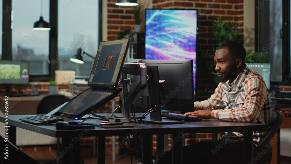 Aufkleber african american web developer working in artistic office to create cgi content on 3d software, digi