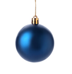 Blue Christmas ball hanging on white background