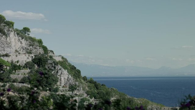 Rocky Mountains On Amalfi Coast In Sorrentine Peninsula, Campania, Italy. Static Shot 