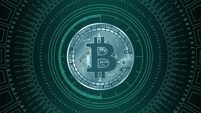 Bitcoin logo cryptocurrency animation. Bitcoin on digital background. Binary code. Decentralized electronic payment system. Bitcoin on digital green background.