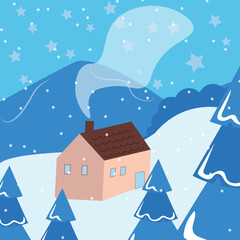 Fototapeta na wymiar Winter Christmas card Happy New Year. Snow, house with smoke from the fireplace, starry sky, snowflakes, Christmas tree