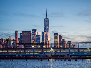 Lower Manhattan Seen from Pier 45 on the Hudson River at Sunset