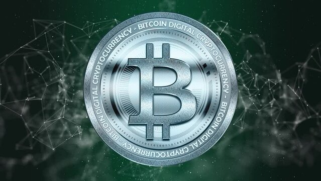 Bitcoin logo cryptocurrency animation. Bitcoin on digital background. Binary code. Decentralized electronic payment system. Bitcoin on digital green background.