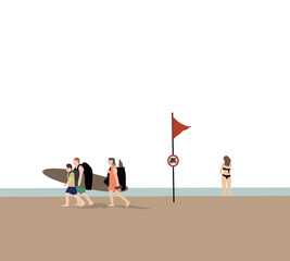 Sign with red flag on the beach is not allowed to swim. People walking with surfboard and standing on the beach