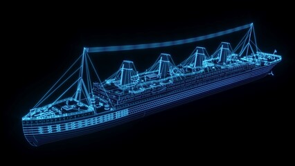 Fototapeta premium 3D rendering illustration ship blueprint glowing neon hologram futuristic show technology security for premium product business finance travel transportation 