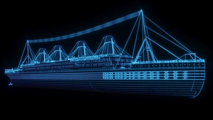 3D rendering illustration ship blueprint glowing neon hologram futuristic show technology security for premium product business finance travel transportation 