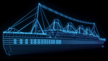 3D rendering illustration ship blueprint glowing neon hologram futuristic show technology security for premium product business finance travel transportation 