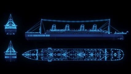 3D rendering illustration ship blueprint glowing neon hologram futuristic show technology security for premium product business finance travel transportation 