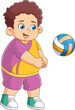 Happy cute kid boy play volleyball