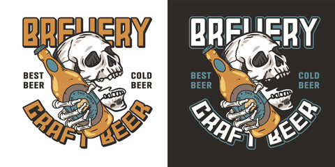 Fototapeta premium Skeleton with beer bottle in bone hand for design of label or poster. Brewery emblem, craft beer vector logo or print for pub, bar or beer store