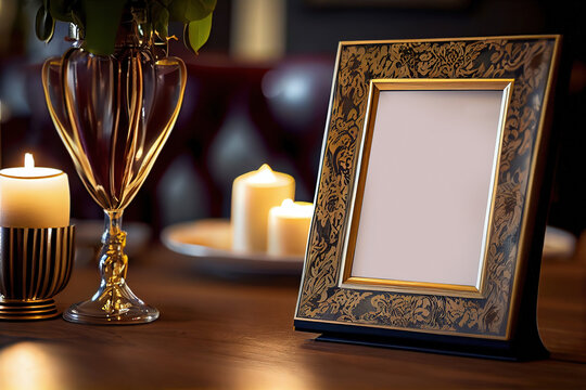 classic retro ornate blank empty photo frame at home table mockup