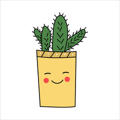 Cactus with face in orange pot on white background