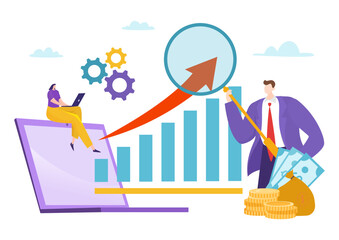 Businesswoman tiny sitting laptop work analyzing stock market, investment money management flat vector illustration, isolated on white.