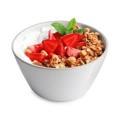 Bowl with tasty granola and strawberries on white background. Healthy meal