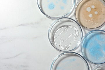 Petri dishes with liquids on white marble table, flat lay. Space for text