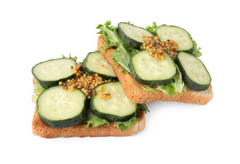Tasty cucumber sandwiches with arugula and mustard on white background