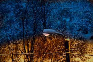Winter in Ukraine with winter lights in the colors of the national flag. Symbol of unbroken Ukraine