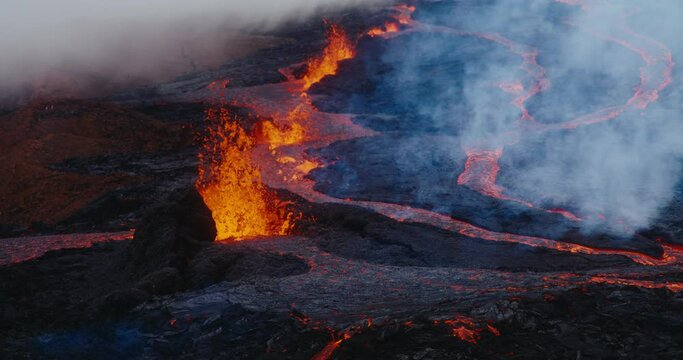 Molten hot lava erupting from the Mauna Loa Volcano eruption of 2022