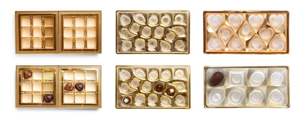 Set with full and empty candy boxes on white background. Banner design