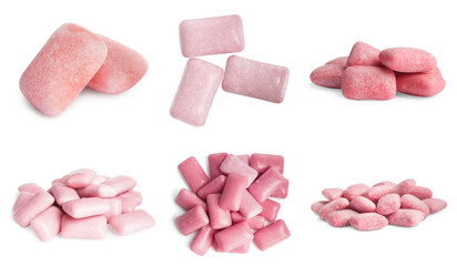 Set with different tasty chewing gums on white background