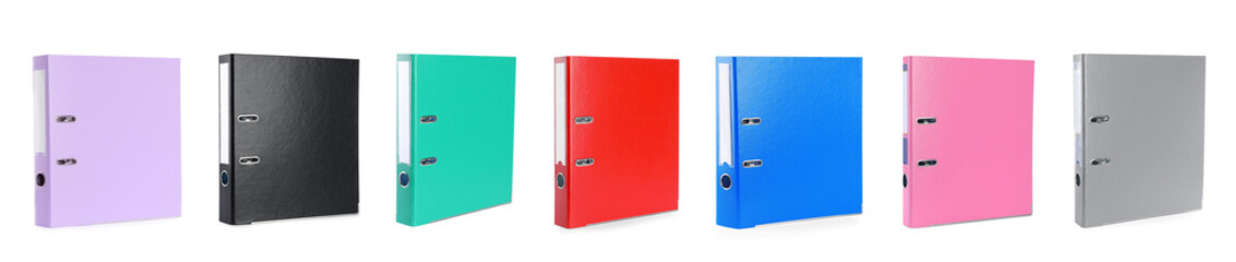 Set with different color office folders on white background. Banner design