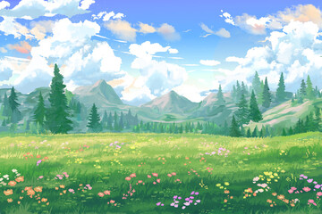 Colorful meadow flowers mountain landscape background in day light