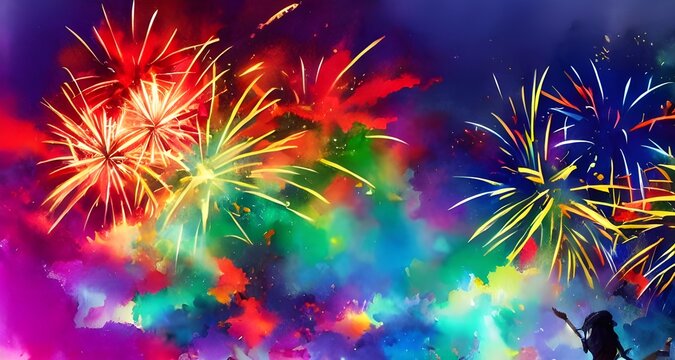 I see vibrant colors bursting in the sky and cascading downward. I hear the pops and cracks of the fireworks as they explode. The air is thick with smoke, smells sweet, and tastes like burnt chemicals