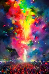 The night sky is ablaze with color as fireworks explode overhead. Crowds of people fill the streets, cheering and clapping as they take in the spectacular show. The air is thick with smoke and the sme