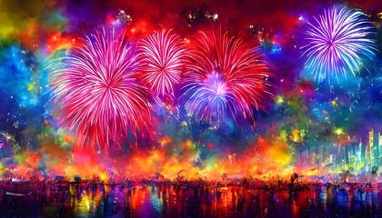 The sky is ablaze with vibrant colors as fireworks explode overhead. A multitude of spectators cheer and ooh in wonder at the pyrotechnic display.