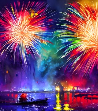 The sky is lit up with vibrant colors as the fireworks explode in the air. The crowd below is cheering and clapping, enjoying the spectacular show.