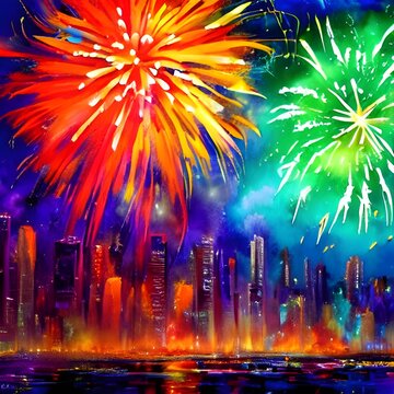 The night sky is filled with brightly colored explosions. Rockets fill the air with a shower of sparks. The ground is covered in a layer of smoke from all the fireworks. People are cheering and huggin