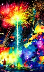The night sky is ablaze with color as fireworks explode overhead. The air is thick with the smell of gunpowder and smoke. Crowds of people stand below, oohing and aahing at the spectacular display.