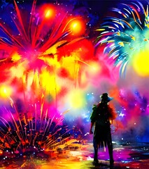 I am watching the new years fireworks with my friends. We are all huddled together in a park, and the air is thick with anticipation. The sky is dark, but it's lit up by the colorful explosions of lig