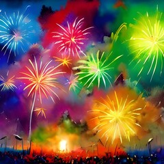 It's new years eve, and the fireworks are going off. The sky is lit up with vibrant colors, and the crowd is enjoying the show. - obrazy, fototapety, plakaty