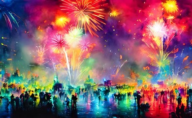 Naklejka premium The sky is dark, but it's lit up by the colorful fireworks. They explode in the air and shower down over the city.