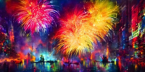 The sky is ablaze with colors as the fireworks explode overhead. The air is thick with smoke and the smell of gunpowder. Thousands of people are gathered around, all cheering and clapping at the spect