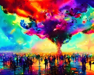 Obraz na płótnie Canvas The sky is ablaze with vibrant colors as the fireworks explode in a magnificent display. The brilliant light illuminates the happy faces of people gathered to celebrate the start of a new year. It's a