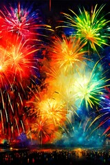 It's New Year's Eve, and the sky is lit up with beautiful fireworks. They explode in a dazzling display of colors, lighting up the night sky. The crowd oohs and ahhs at the show, clapping