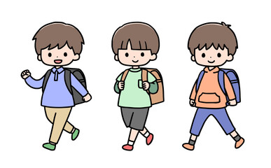 カラフルなランドセルを背負って歩く小学生の男の子3人
