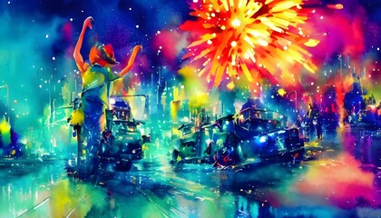 The sky is full of colourful fireworks. They explode in the air and create patterns. The people watching them are clapping and cheering. - obrazy, fototapety, plakaty