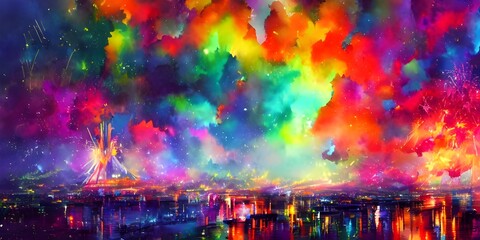 Obraz premium The sky lights up with vibrant colors as the fireworks explode in the air. The crowd oohs and aahs at the impressive display.