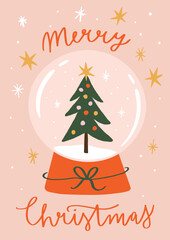 Holiday Vector Illustration Of A Snow Globe With Christmas Tree Inside. Handwritten ”Merry Christmas” Wishes. Perfect For Holiday Poster, Greeting Card Or T-Shirt Print. Isolated Elements.