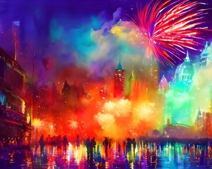 Red, orange, yellow sparks shoot up into the sky and explode in a colourful display. The night is lit up by the vibrant show and cheers can be heard all around.