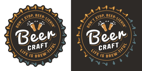 Beer cap for brew emblem or craft beer logo. Label or print with metal cork for bar, pub or brewery shop