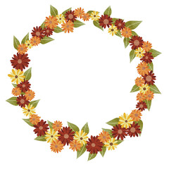 Naklejka na ściany i meble Red, orange and yellow flower wreath banner illustration for decoration on nature, romance and Thanksgiving festival.