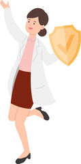 Paramedic or doctor or nurse woman in physician gown jumping with shield