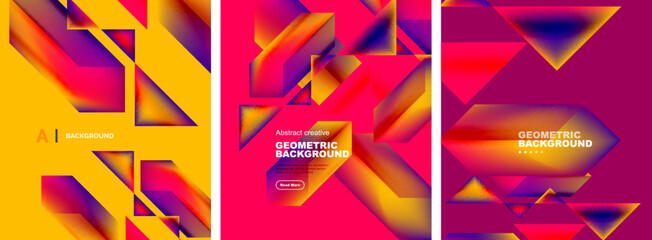 Vector set of abstract geometric poster backgrounds, colorful shapes with fluid colors. Collection of covers, templates, flyers, placards, brochures, banners