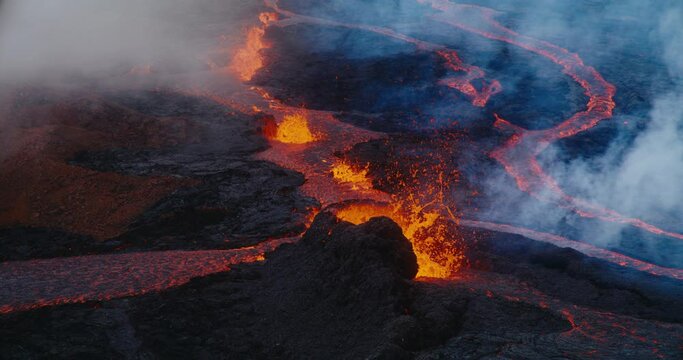 Molten hot lava erupting from the Mauna Loa Volcano eruption of 2022